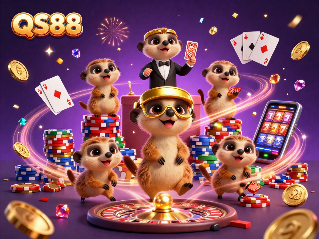 Experience the excitement of QS88 casino with meerkats running games and joyous celebration.