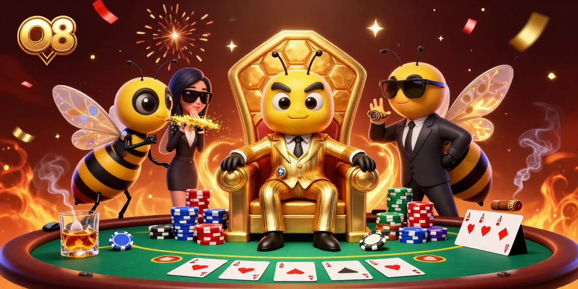 Play poker with O8's cartoon mob boss and wasp guards in a mesmerizing 3D illustration.