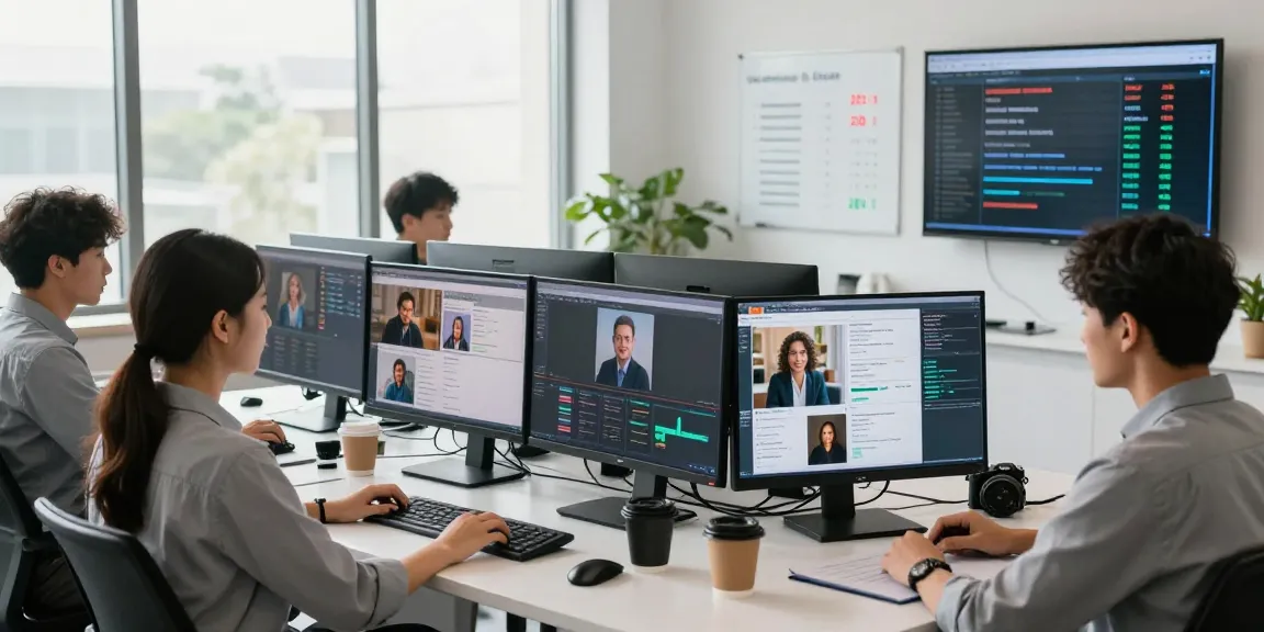 Diverse team analyzing images to detect AI-generated content in a bright tech workspace with dual-monitor setups.