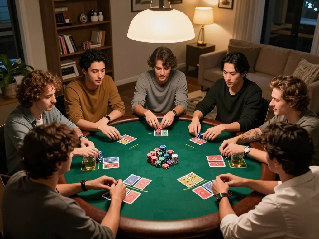 Players enjoying intense Texas Hold'em action at a home poker night with jun88 pizza ambiance, showcasing competitive spirit and camaraderie.