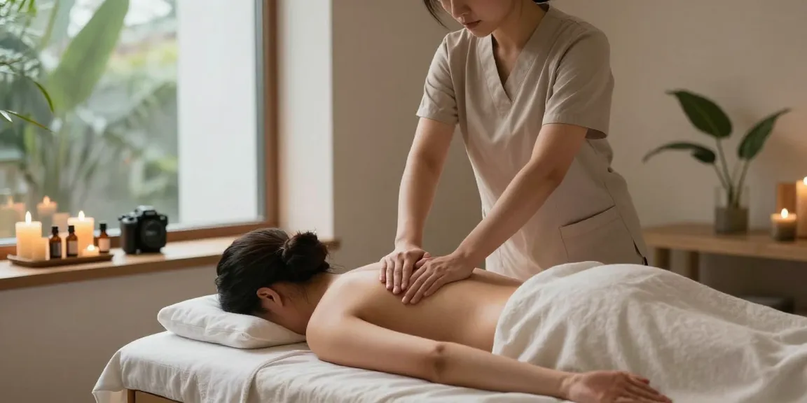 마사지 중인 편안한 스웨디시 마사지 장면, 아늑한 분위기의 현대 스파에서 제공됨