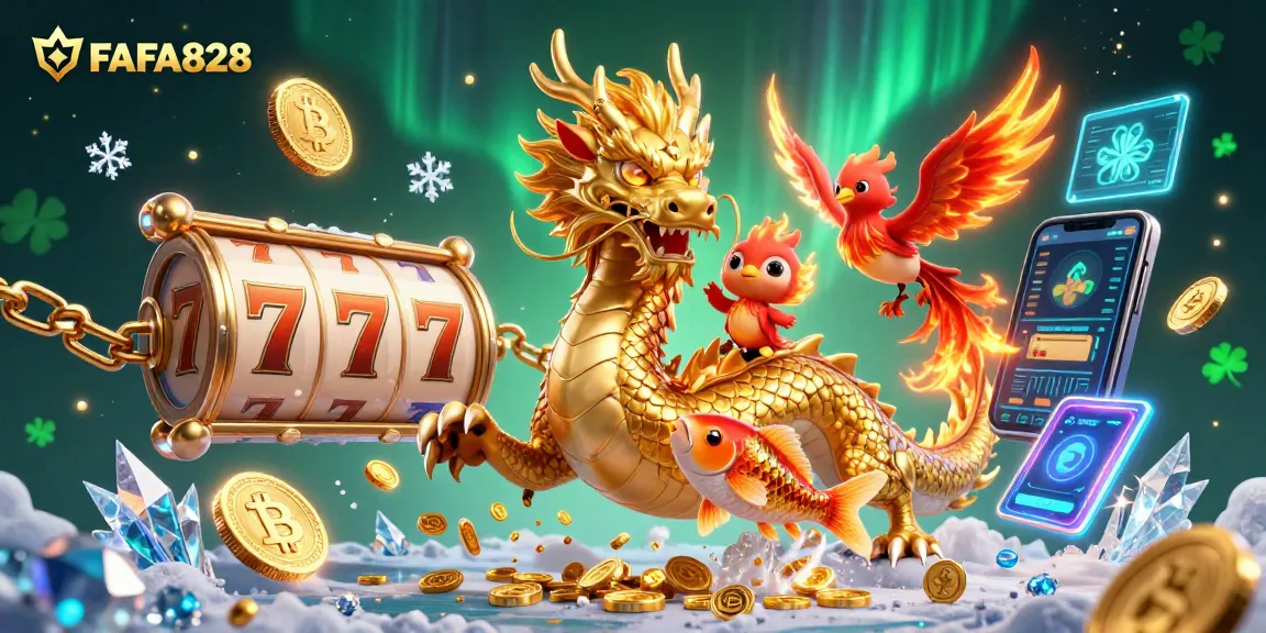 Win big with FAFA828: a 3D scene featuring a golden dragon and fortune symbols