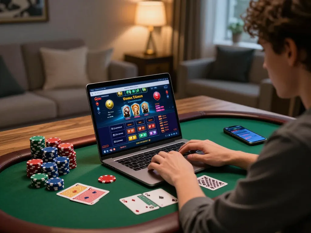 Engaging gameplay on sunwingo displayed on a laptop in a cozy home environment, showcasing strategic online gambling.