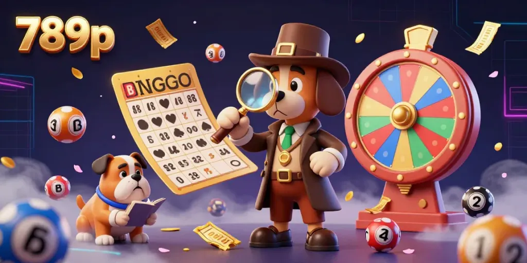 Join the search for treasure with 789p, featuring a detective bloodhound examining a poker chip clue in a vibrant casino scene.
