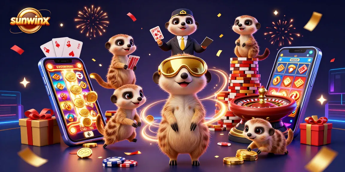 Sunwinx meerkats manage a lively casino scene filled with games and chips.