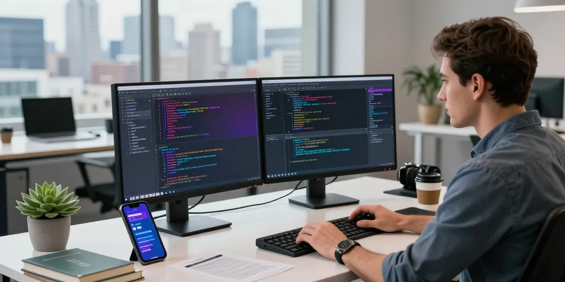 Dynamic coding workspace highlighting software development at teiegramin.com with vibrant code and modern tech gadgets.