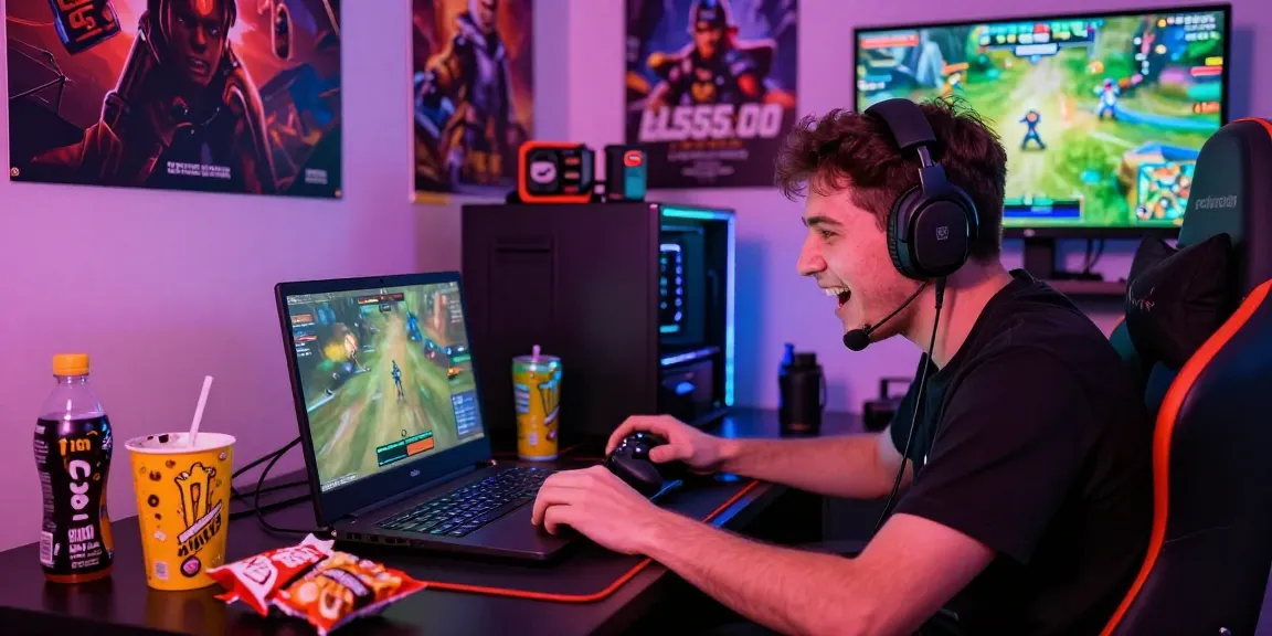 A competitive gamer on bl555.com immersed in gameplay, sporting headphones and vibrant gaming decor.