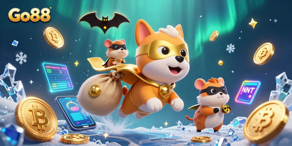 Go88 presents an exciting 3D scene with a superhero dog flying, symbolizing crypto gambling excitement.
