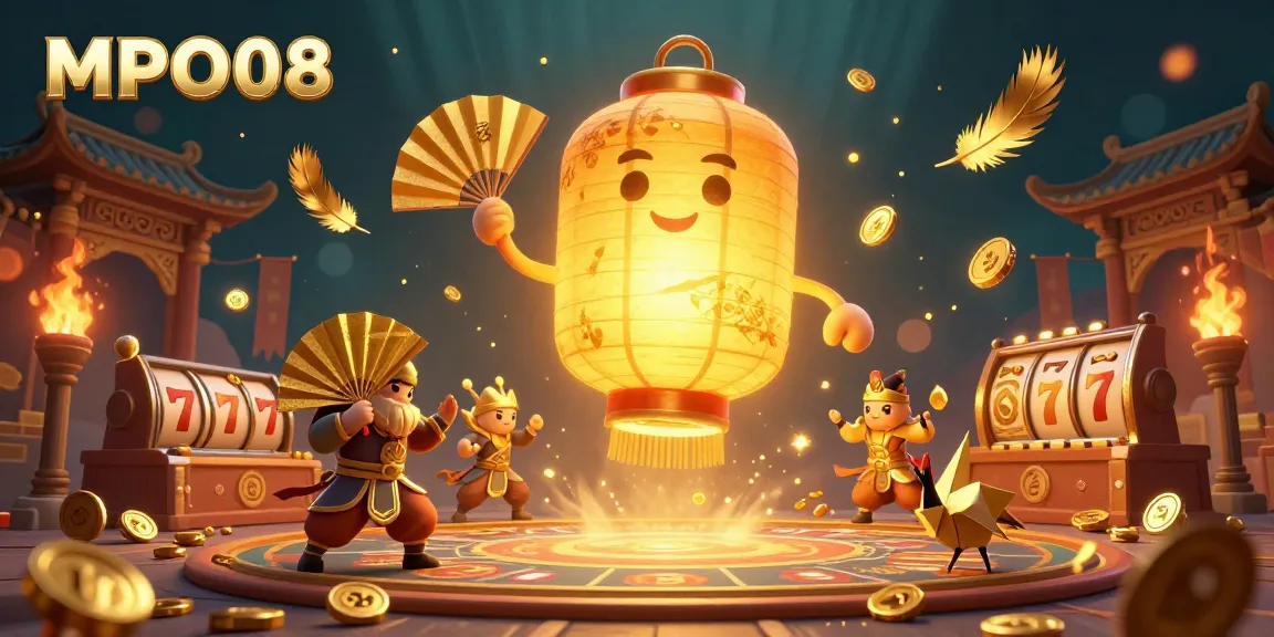 MPO08 slots scene showcasing winning spins, golden lantern spirit, and dynamic gameplay elements.