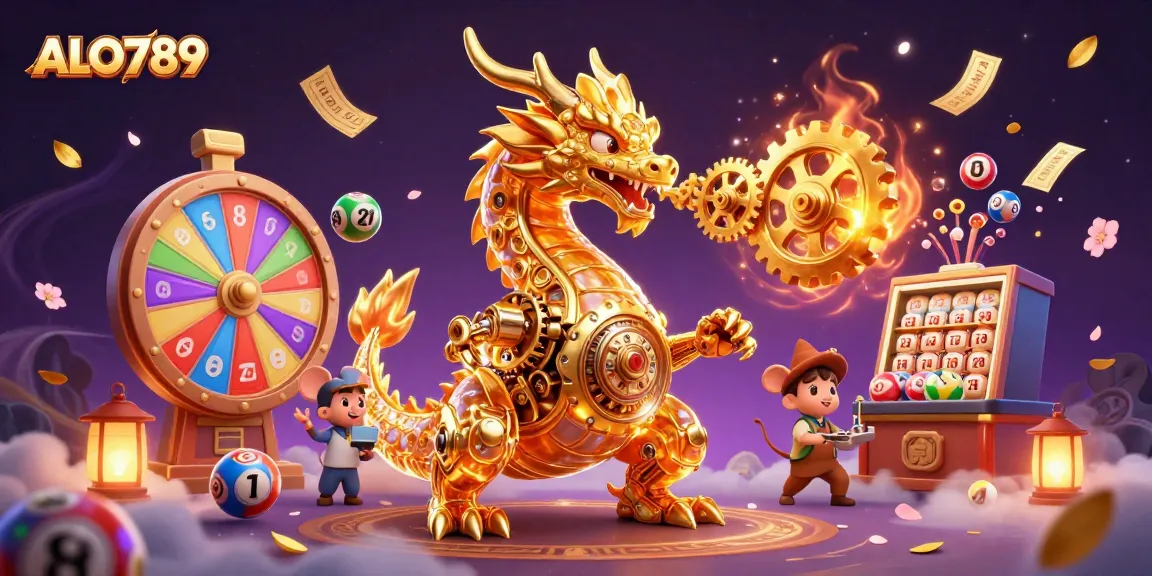 Experience excitement with ALO789's golden dragon amidst colorful lottery elements in a vibrant casino scene.