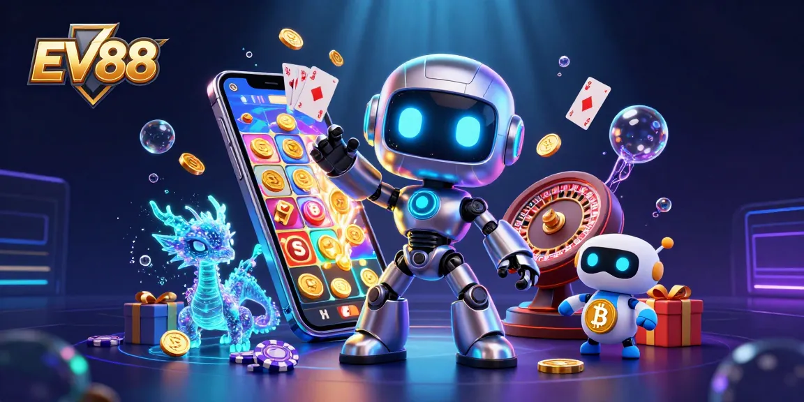 Experience EV88's vibrant 3D cyberpunk casino world, showcasing exciting games and rewards.