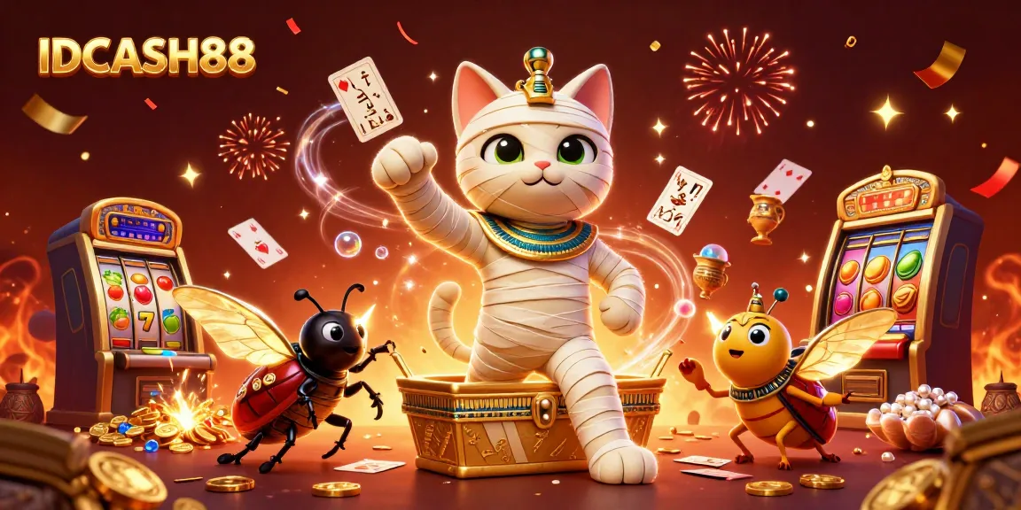 Engage in exciting gameplay with IDCASH88 featuring a mummy cat and treasures in the casino.
