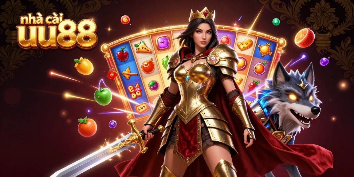 Engage with the vibrant gaming energy at nhà cái uu88, featuring a warrior queen and her armored wolf amidst thrilling slot elements.