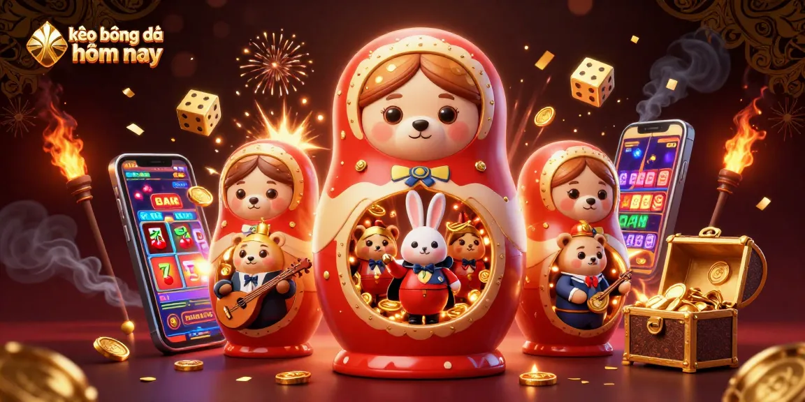 Engage with kèo bóng đá hôm nay through a colorful, dynamic 3D casino scene filled with bears, slot machines, and gaming excitement.