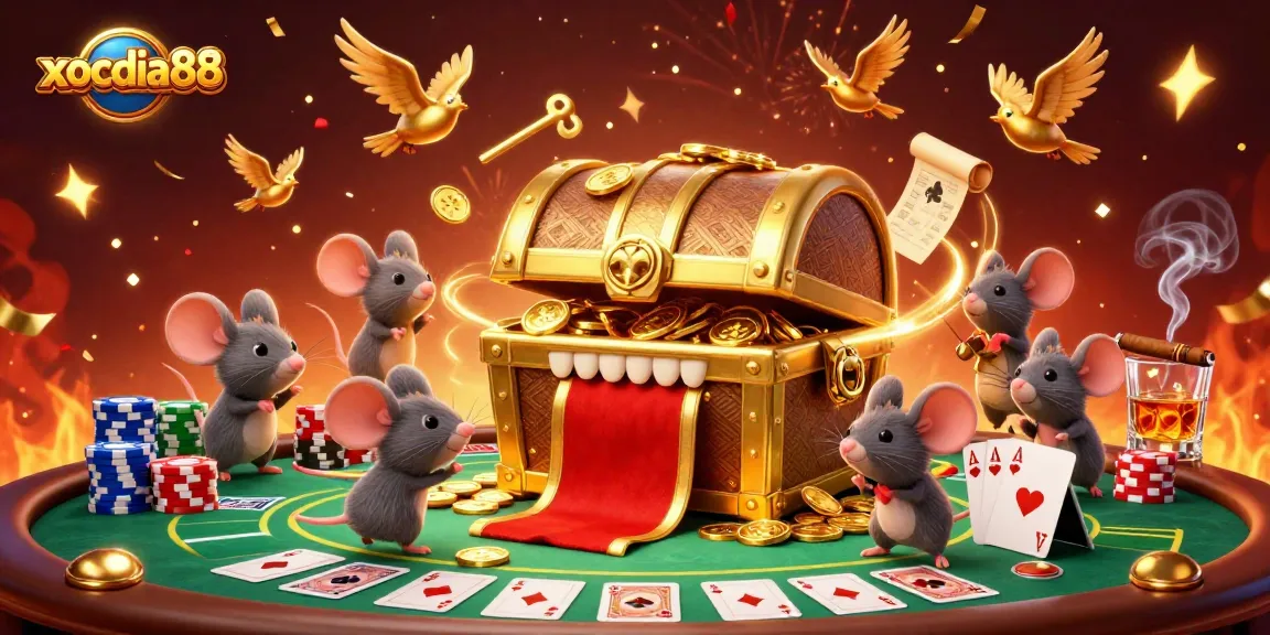 xocdia88 showcases a vibrant casino scene with animated treasure and poker elements.