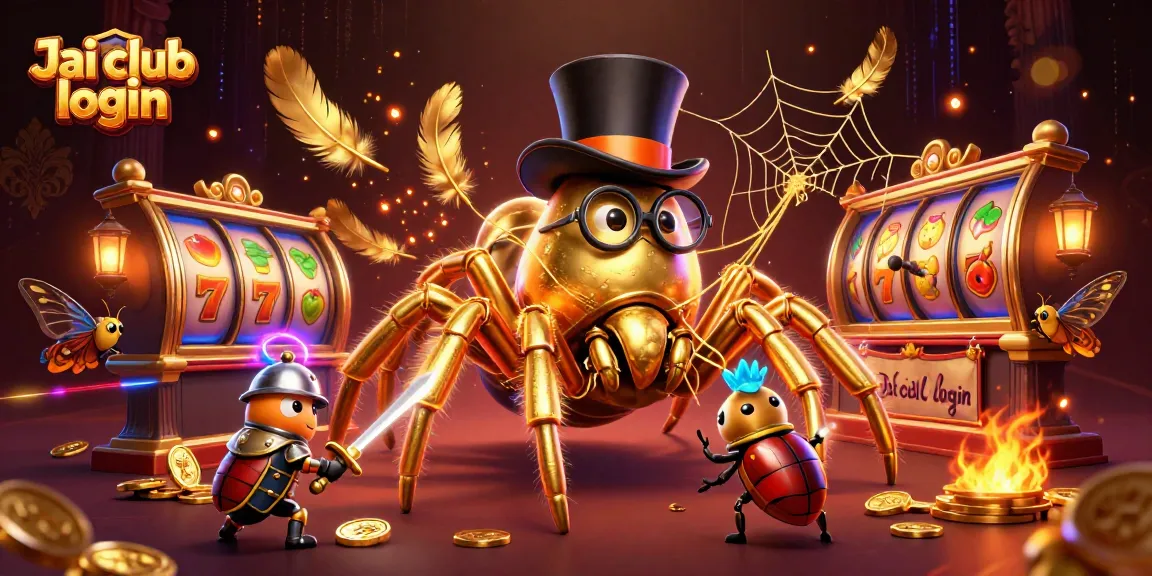 Engage with Jai club login featuring a golden tarantula, beetle knight, and vibrant casino elements.