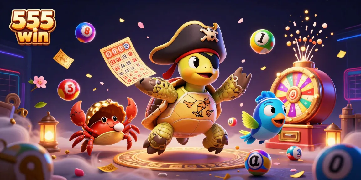 Explore 555 win excitement with a vibrant lottery-themed 3D scene featuring engaging characters.