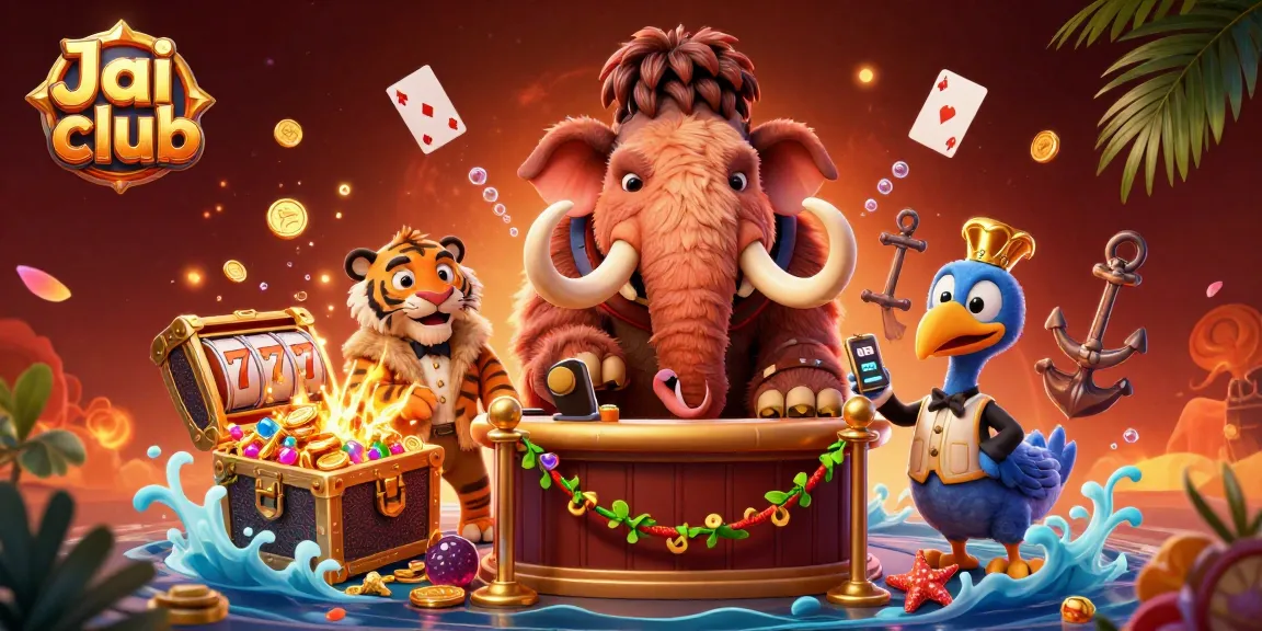 Experience the vibrant gaming world of Jai club with a lively illustration of characters and casino elements.