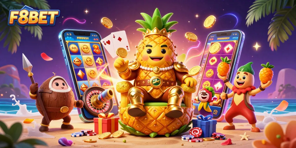Experience thrilling wins with F8BET's vibrant cartoon casino scene featuring golden pineapple king.