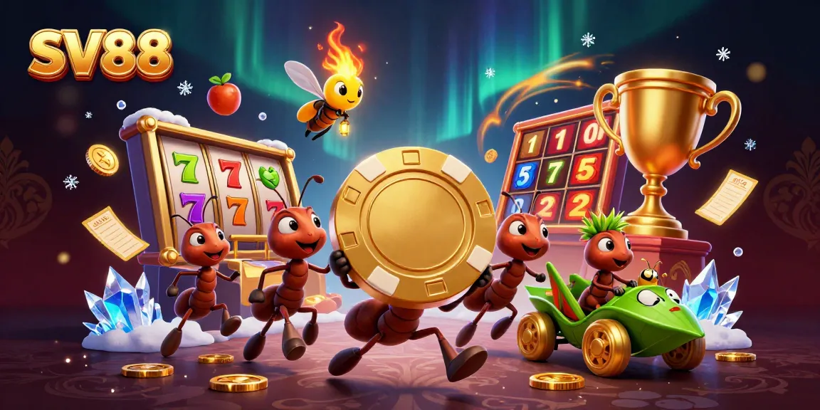 SV88 heist scene with ants, poker chip, and vibrant gambling elements in an exciting casino atmosphere.
