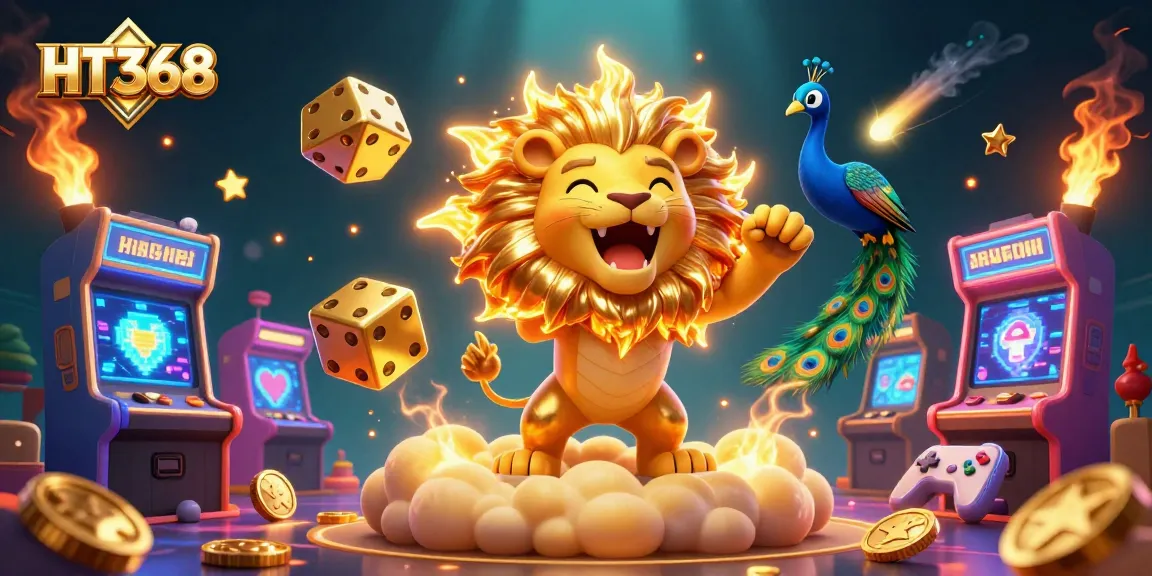 Engage in thrilling games at HT368 with vibrant 3D casino elements like slot machines and gold coins.