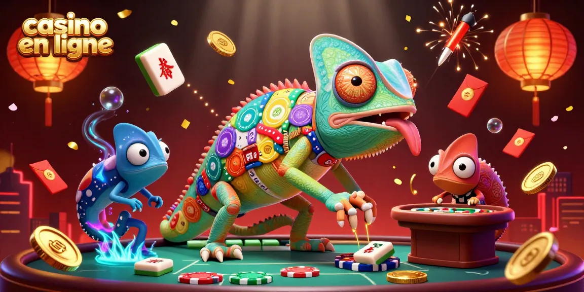 Jouer à des jeux de casino en ligne avec un caméléon vibrant sur fond dynamique.