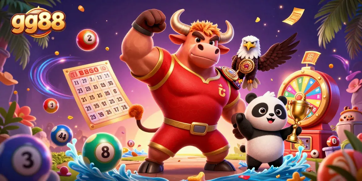 Experience the excitement of gg88 as a muscular bull mascot and friends celebrate with lottery odds, trophies, and games.