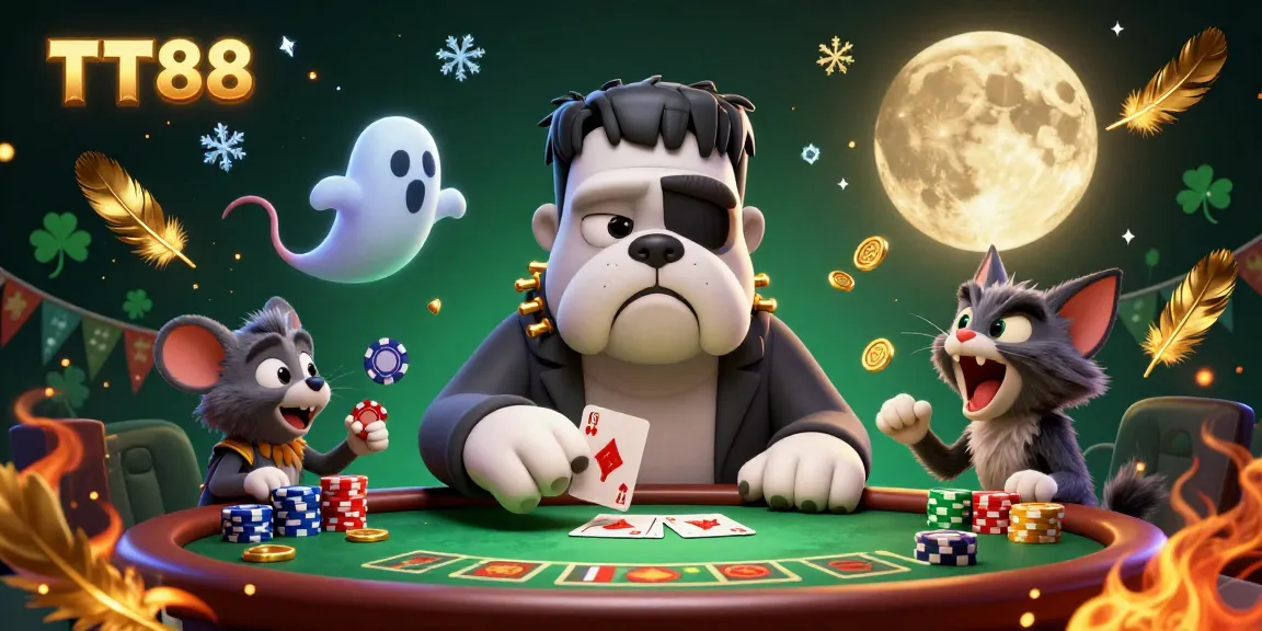 TT88 players winning at a poker table with vibrant lights and a ghost mouse floating in the chips.