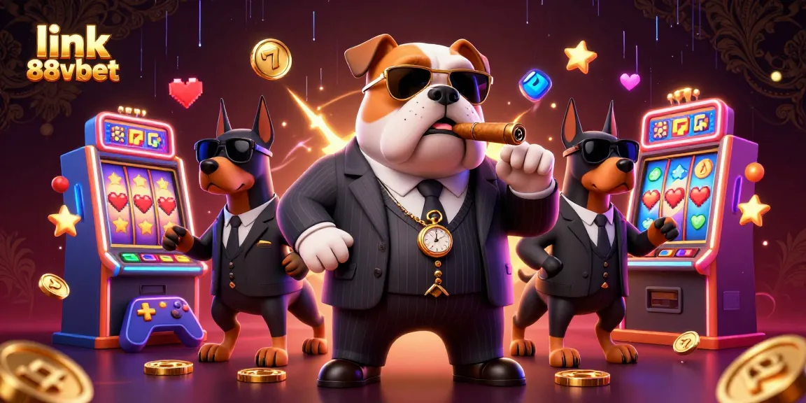 Experience the excitement of link 88vbet with a vibrant 3D illustration of a mafia bulldog and Doberman bodyguards amidst slot machines.