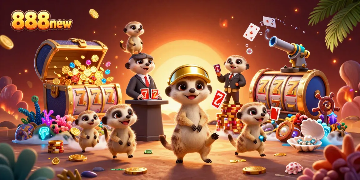 Experience the thrill of winning at 888new with a bustling meerkat casino scene packed with vibrant game elements.