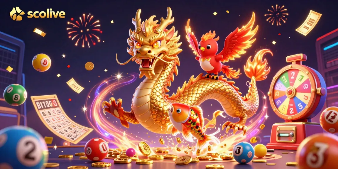 Socolive presents an exciting visual of a golden dragon, phoenix, and koi fish amidst dynamic lottery elements.
