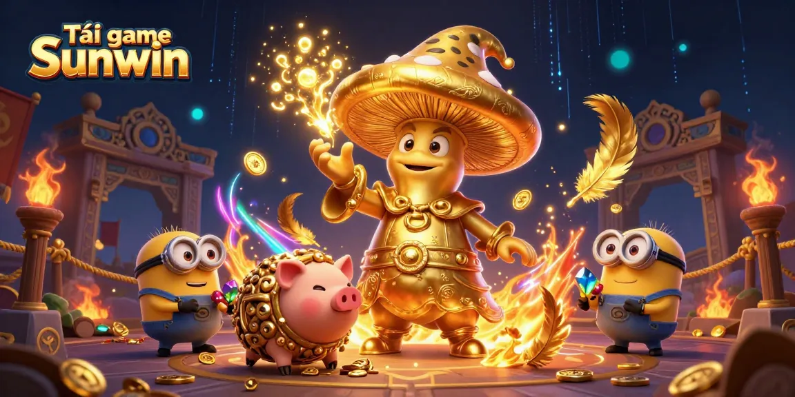 Tải game Sunwin with a 3D cartoon golden wizard surrounded by treasures in a colorful casino scene.