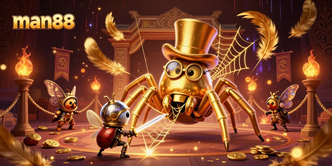 Engage in thrilling gameplay at man88 with a vibrant scene showcasing a golden tarantula weaving winning webs.