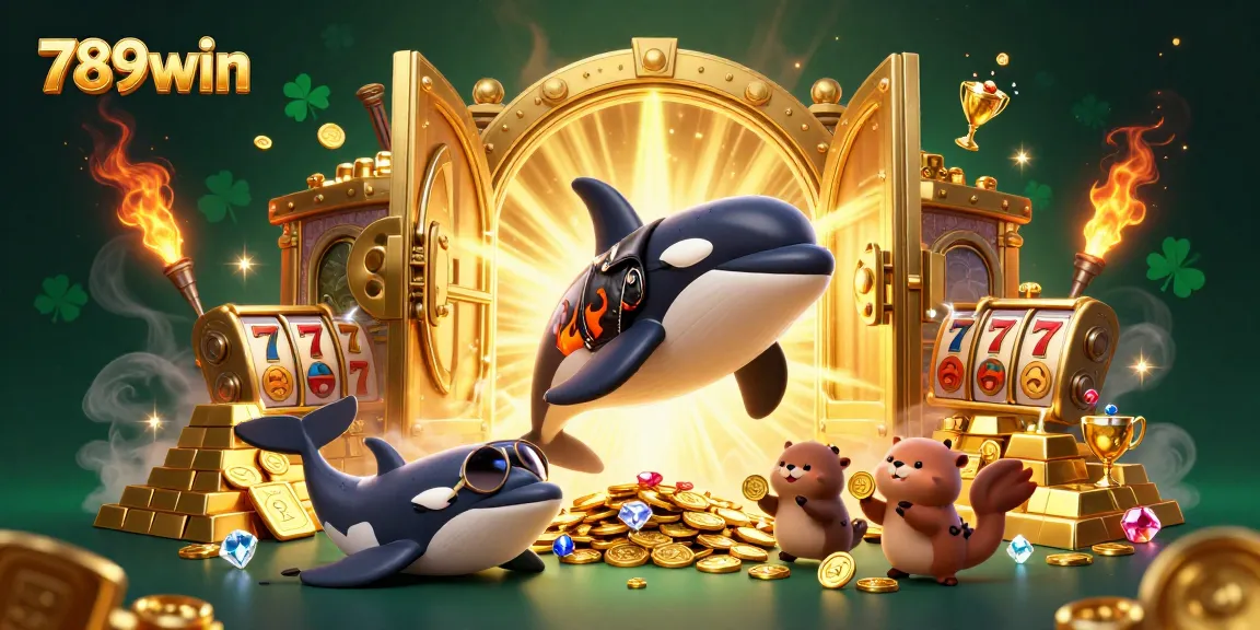 Join the excitement at 789win with vivid characters celebrating casino wins amidst treasure and games.