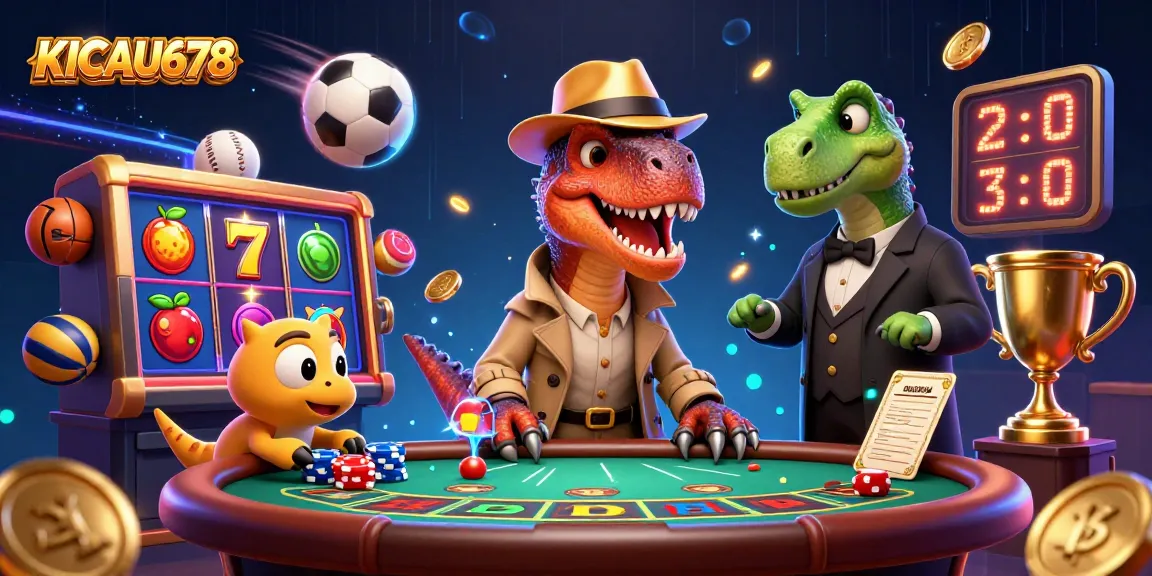 KICAU678 showcases a velociraptor card counter with slot reels in a lively casino scene.