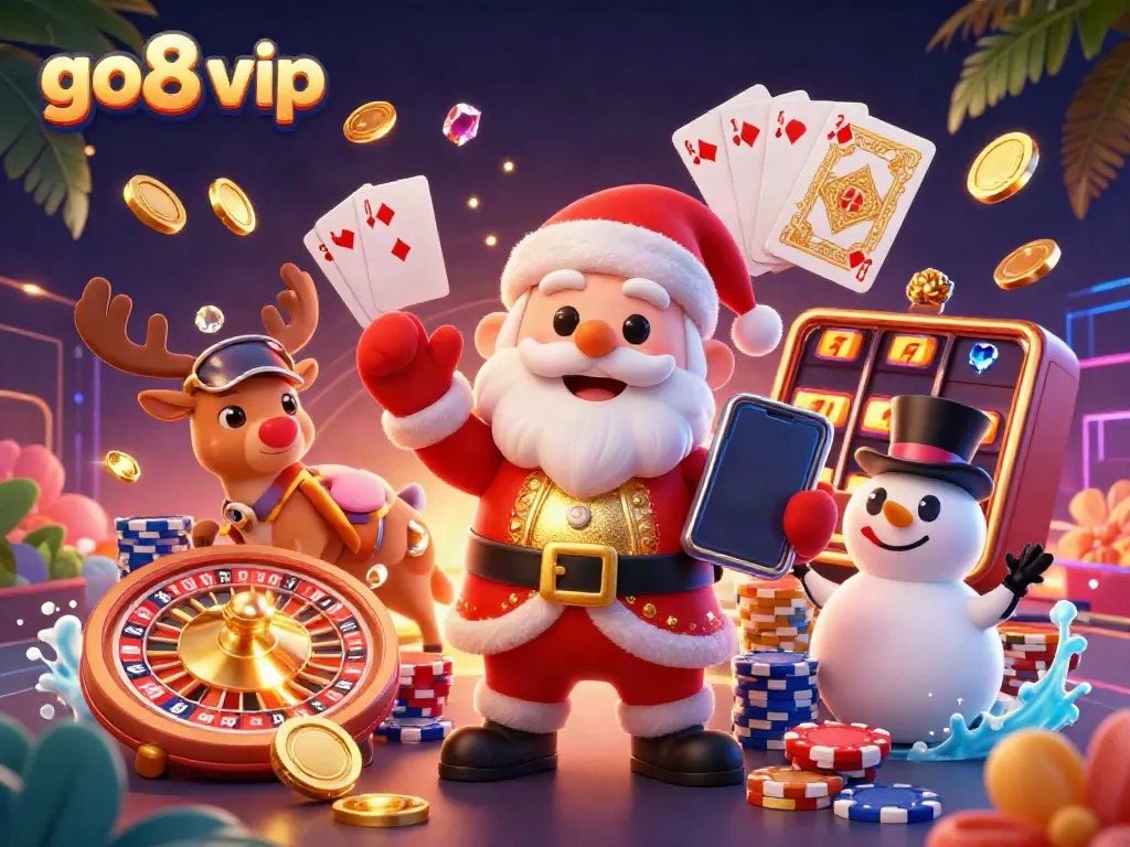 Engage with go8 vip, featuring Santa Claus in a casino scene filled with coins and gems.