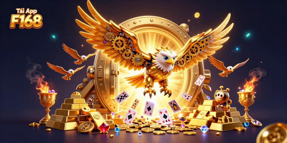 Engage in thrilling betting action with the vibrant illustration of Tải App F168 showcasing golden treasures and winning cards.