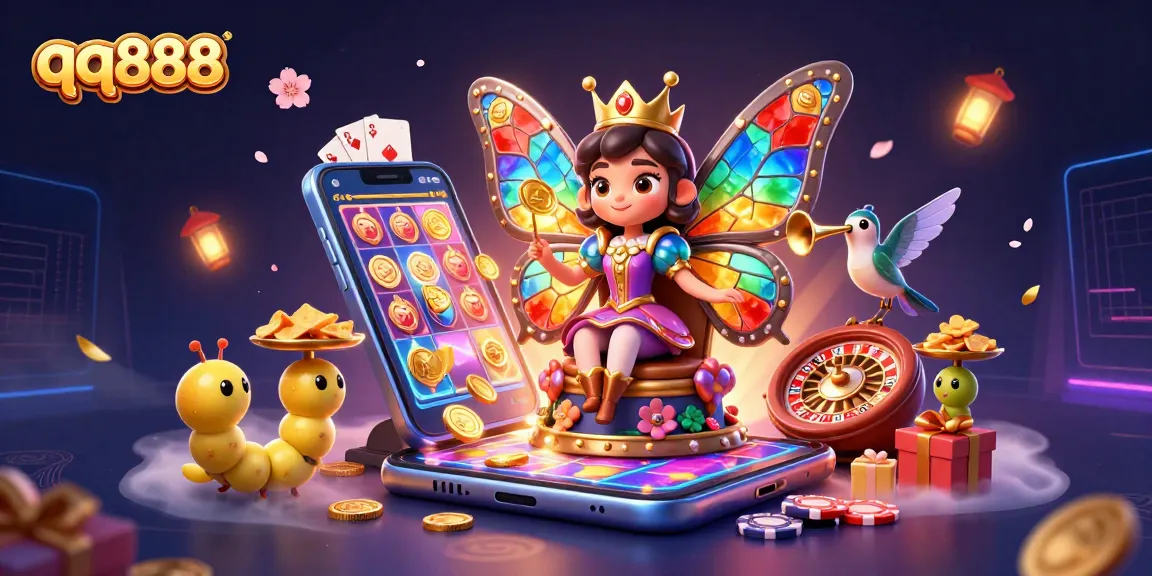 Engage with the enchanting world of qq888 through a vibrant 3D illustration showcasing a butterfly queen and immersive casino elements.