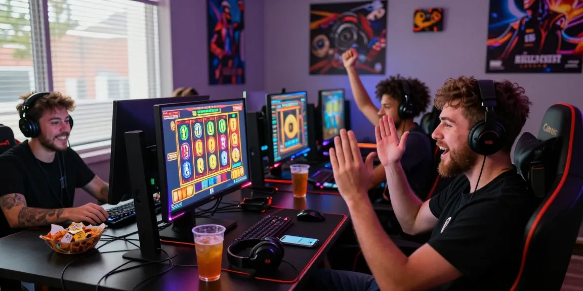 Exciting online gaming moment at https://gravatar.com/playbook88official featuring friends celebrating a big slot win.