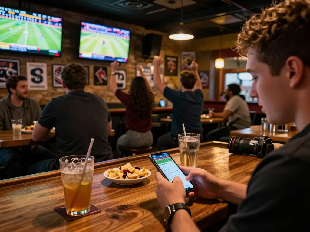 TOPBET user placing a bet on smartphone in a lively sports bar setting.