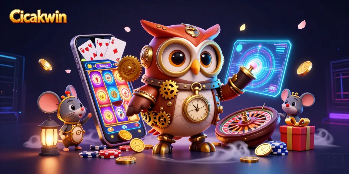 Cicakwin showcases a vibrant casino scene with a time-traveler owl and gaming elements, enticing players to win big.