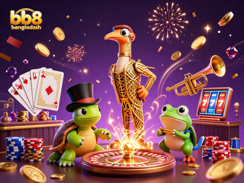 Experience the excitement of bb8 bangladesh with vibrant casino characters amid flying coins and gems.