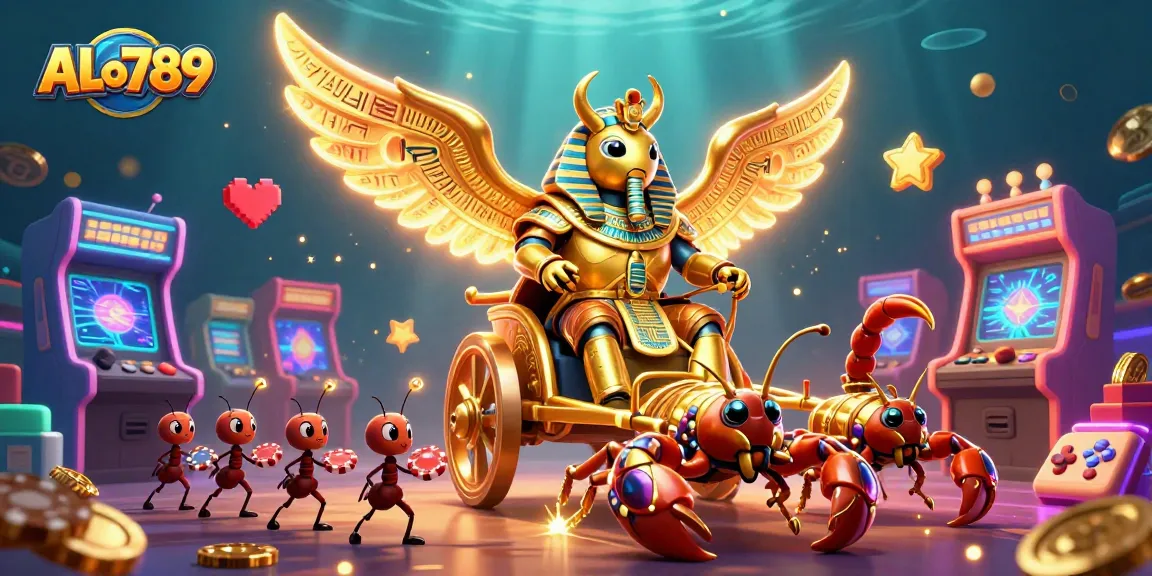 Experience thrilling gaming action with ALo789 as golden scarabs and scorpions play amidst vibrant casino elements.