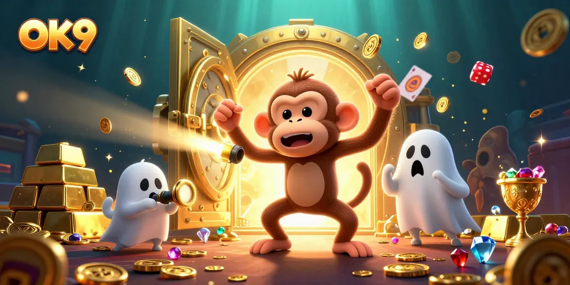 OK9 casino adventure featuring a mischievous monkey amidst golden treasures and a curious puppy