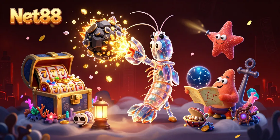 Net88 leverages slots and underwater treasures in a dynamic 3D gambling illustration.