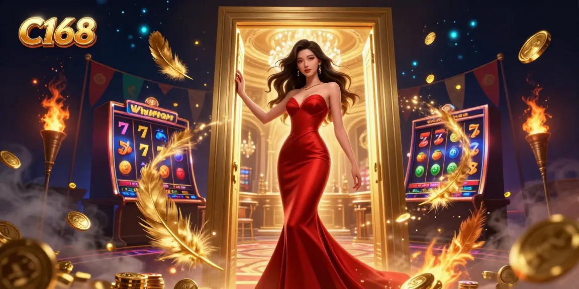 C168 showcases a stunning Asian woman in a luxurious casino scene, surrounded by vibrant slot game elements.