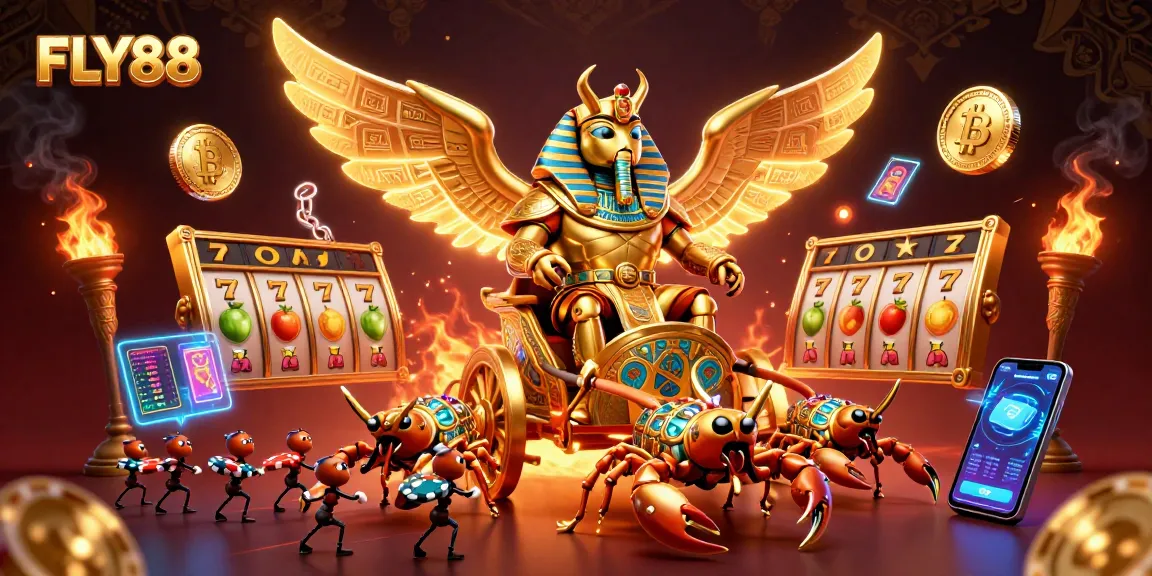 Engage with FLY88's thrilling slot games featuring golden scarab beetles and jackpot symbols in a vibrant 3D casino scene.