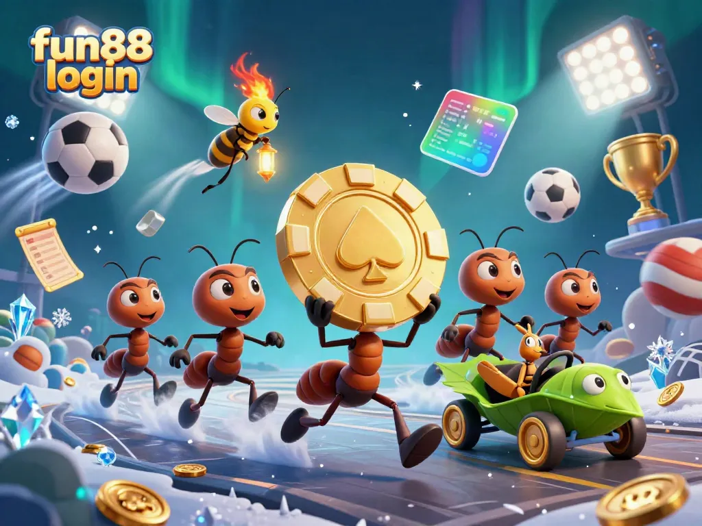 Experience the thrill of fun88 login with a heist scene of ants, sports elements, and casino excitement.