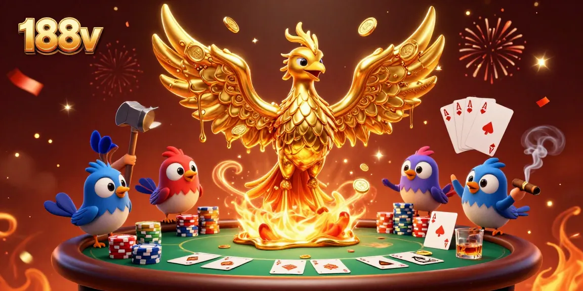 Experience the thrill of 188v with a golden phoenix and vibrant poker scene.