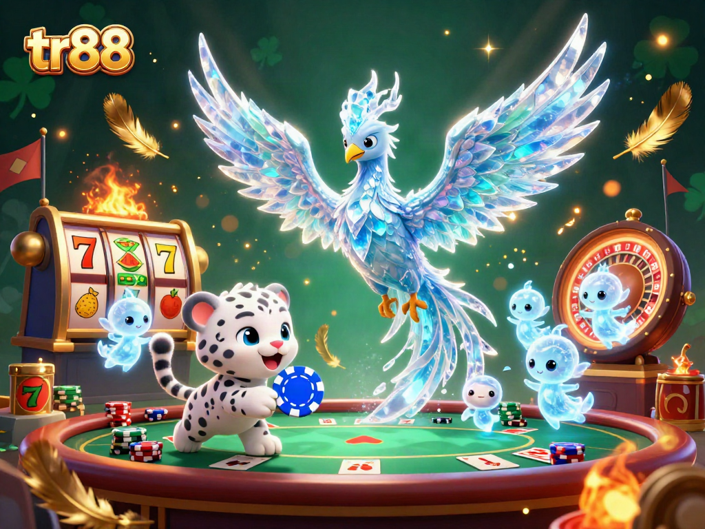 Experience thrilling gameplay with tr88's vivid casino scene featuring an ice phoenix and lucky poker symbols.